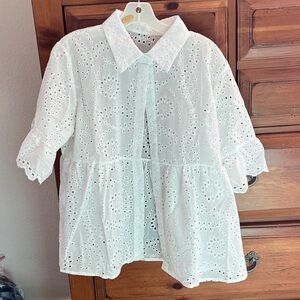White Eyelet Button-Up Blouse Size XL NWOT